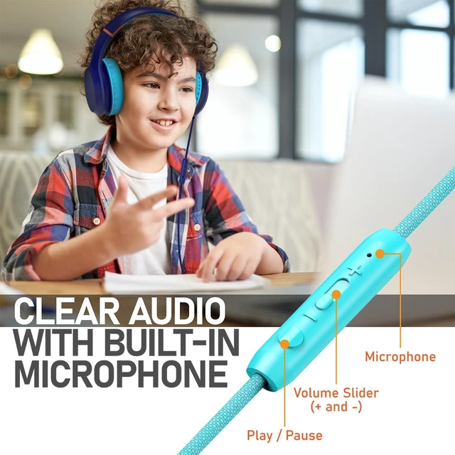 Alt view image 4 of 7 - Kids Headphones with 3.5mm Laced Cables, Children & Teens Over The Ear Foldable Adjustable Headset w/Built-in Mic for Smartphones/PC/Tablet/Laptop/School (Max Volume 85dB) - Mint/Pink