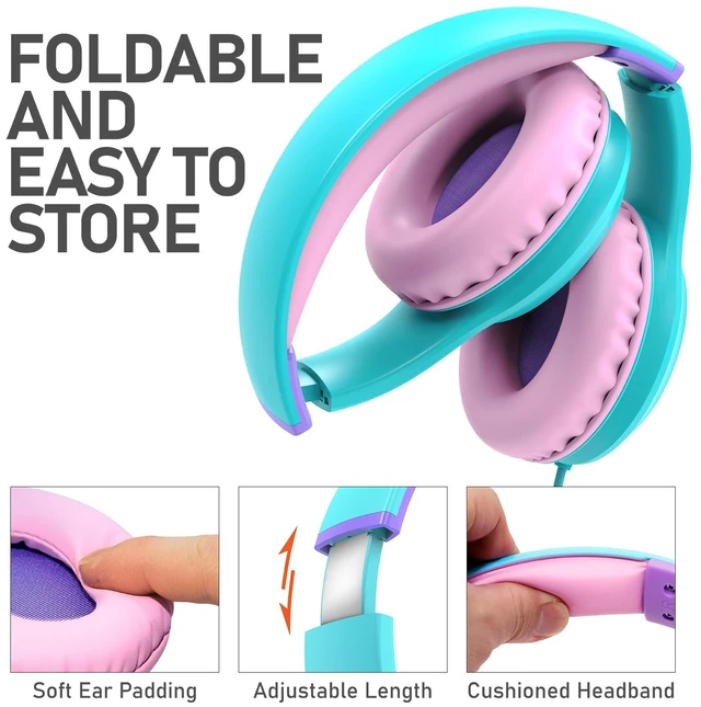 Alt view image 5 of 7 - Kids Headphones with 3.5mm Laced Cables, Children & Teens Over The Ear Foldable Adjustable Headset w/Built-in Mic for Smartphones/PC/Tablet/Laptop/School (Max Volume 85dB) - Mint/Pink