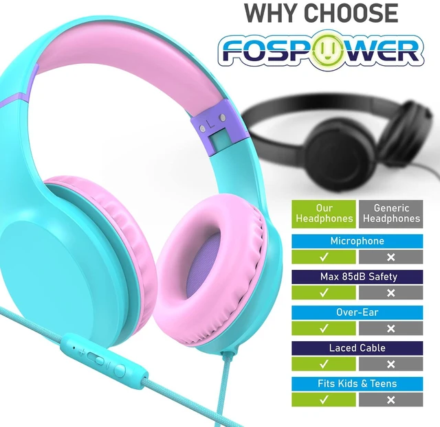 Alt view image 7 of 7 - Kids Headphones with 3.5mm Laced Cables, Children & Teens Over The Ear Foldable Adjustable Headset w/Built-in Mic for Smartphones/PC/Tablet/Laptop/School (Max Volume 85dB) - Mint/Pink