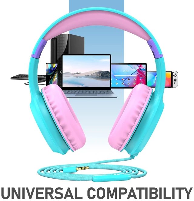 Alt view image 6 of 7 - Kids Headphones with 3.5mm Laced Cables, Children & Teens Over The Ear Foldable Adjustable Headset w/Built-in Mic for Smartphones/PC/Tablet/Laptop/School (Max Volume 85dB) - Mint/Pink