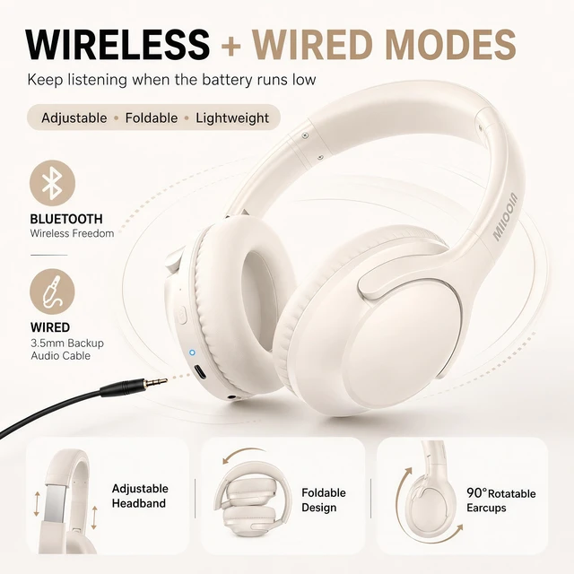 Alt view image 3 of 7 - Bluetooth Headphones Over Ear Wireless Headsets 68H,Stereo Bass,6EQ,Milk With Built-in Mic,Adjustable Headband Foldable Portable Lightweight for Office/Travel/Tablet//Laptop/,Wired by Aux 3.5mm