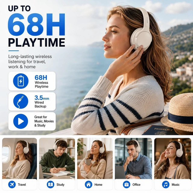Alt view image 2 of 7 - Bluetooth Headphones Over Ear Wireless Headsets 68H,Stereo Bass,6EQ,Milk With Built-in Mic,Adjustable Headband Foldable Portable Lightweight for Office/Travel/Tablet//Laptop/,Wired by Aux 3.5mm