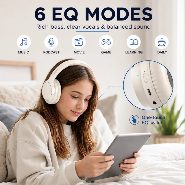 Alt view image 4 of 7 - Bluetooth Headphones Over Ear Wireless Headsets 68H,Stereo Bass,6EQ,Milk With Built-in Mic,Adjustable Headband Foldable Portable Lightweight for Office/Travel/Tablet//Laptop/,Wired by Aux 3.5mm