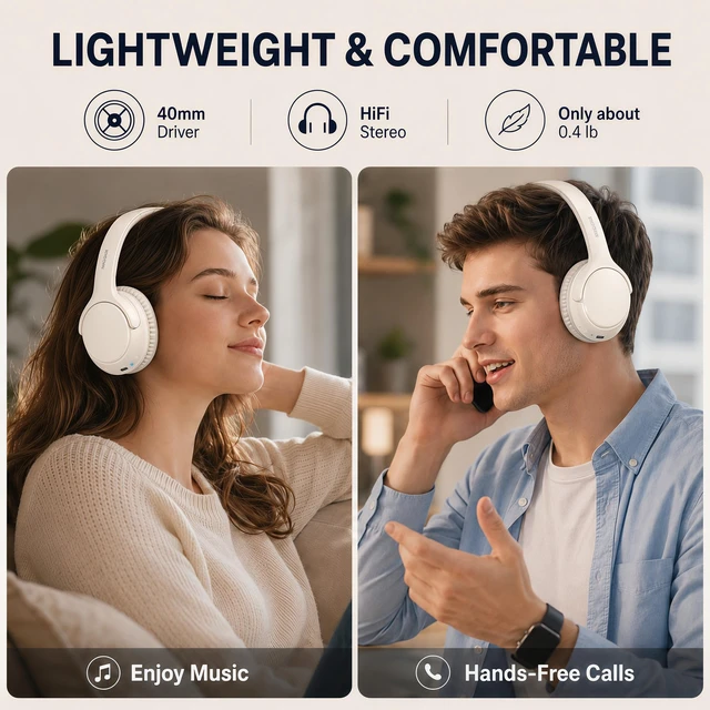 Alt view image 7 of 7 - Bluetooth Headphones Over Ear Wireless Headsets 68H,Stereo Bass,6EQ,Milk With Built-in Mic,Adjustable Headband Foldable Portable Lightweight for Office/Travel/Tablet//Laptop/,Wired by Aux 3.5mm