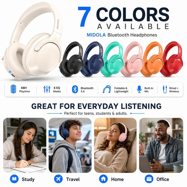Alt view image 6 of 7 - Bluetooth Headphones Over Ear Wireless Headsets 68H,Stereo Bass,6EQ,Milk With Built-in Mic,Adjustable Headband Foldable Portable Lightweight for Office/Travel/Tablet//Laptop/,Wired by Aux 3.5mm