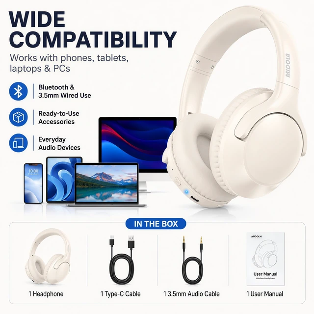 Alt view image 5 of 7 - Bluetooth Headphones Over Ear Wireless Headsets 68H,Stereo Bass,6EQ,Milk With Built-in Mic,Adjustable Headband Foldable Portable Lightweight for Office/Travel/Tablet//Laptop/,Wired by Aux 3.5mm