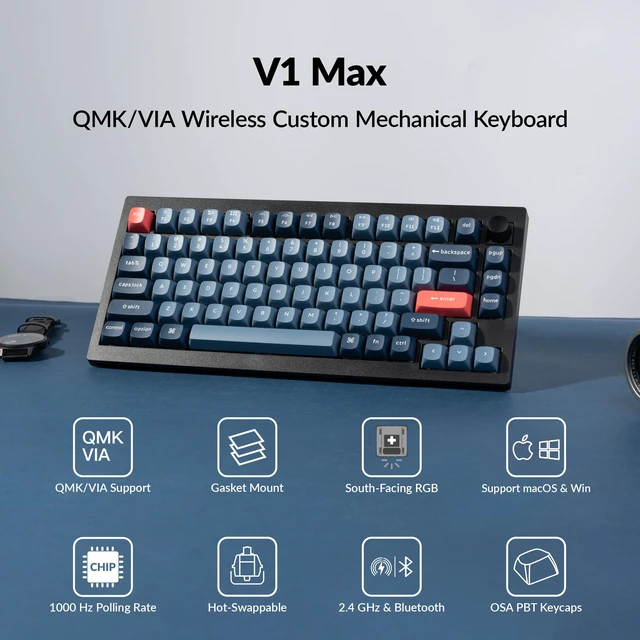 Alt view image 2 of 7 - V1 Max QMK Wireless Mechanical Keyboard, 75% Layout Custom Knob 2.4 GHz/Bluetooth 5.1/USB-C Wired, Hot-Swappable, Double-Shot PBT Keycaps, Gasket Mount, South-Facing RGB, Mac/Windows/Linux