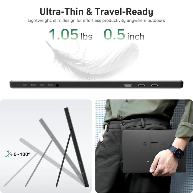 Alt view image 7 of 7 - 14 Inch Portable Monitor FHD 1200P, Ultra-Slim USB-C HDMI Plug & Play External Display, 100% sRGB Dual Speakers, Travel Laptop Monitor with Stand for PC Phone Xbox PS4/5