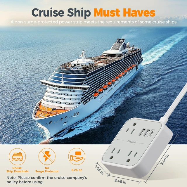 Alt view image 3 of 7 - Travel Power Strip with Ultra Thin Flat Ring Plug Extension Cord 5FT 1 USB C and 2 USB A Ports, Non Surge Protector Flat Plug Wall Charger with 3 Outlets for Office, Alaska Cruise Essentials
