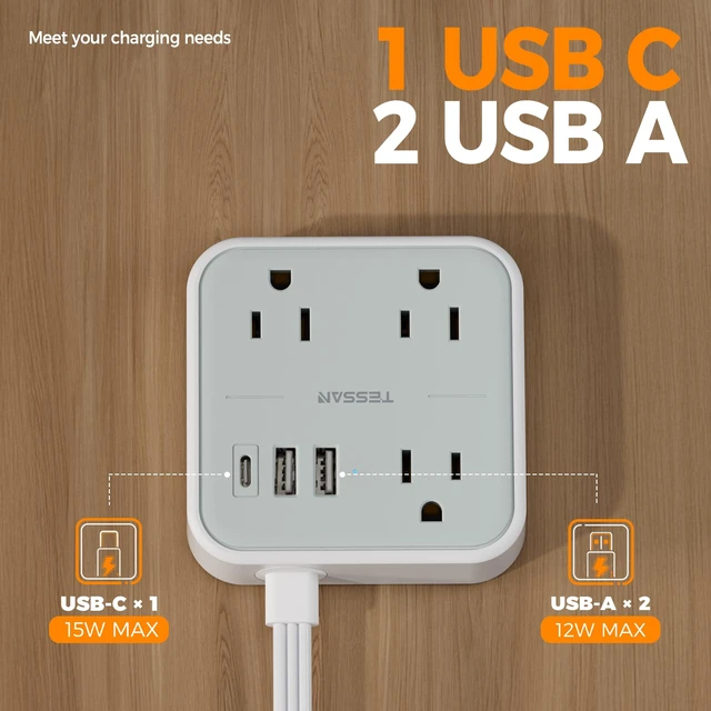Alt view image 6 of 7 - Travel Power Strip with Ultra Thin Flat Ring Plug Extension Cord 5FT 1 USB C and 2 USB A Ports, Non Surge Protector Flat Plug Wall Charger with 3 Outlets for Office, Alaska Cruise Essentials