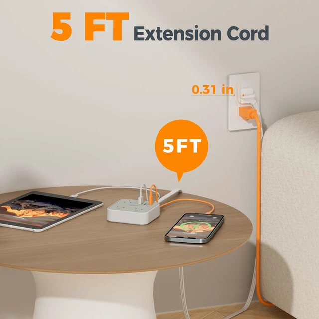 Alt view image 5 of 7 - Travel Power Strip with Ultra Thin Flat Ring Plug Extension Cord 5FT 1 USB C and 2 USB A Ports, Non Surge Protector Flat Plug Wall Charger with 3 Outlets for Office, Alaska Cruise Essentials
