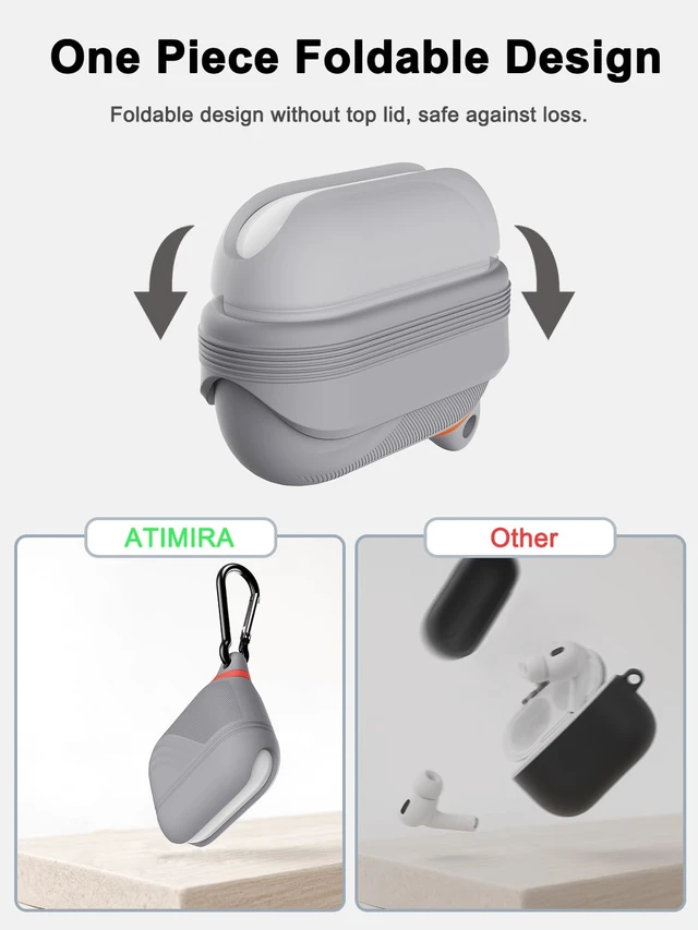 Alt view image 3 of 6 - for AirPods Pro 3 Case Silicone - Waterproof, Shockproof, Drop Protection Textured Design, Wireless Charging Supported, One-Piece Folding Design with Carabiner for Apple AirPods Pro 3rd Gen - Grey
