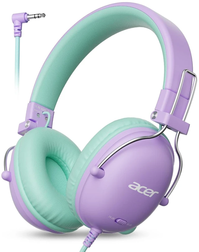 Main image of Kids Headphones Wired for School, 74-85dB Limiter, Purple-Green OHW342 Foldable on-ear Stereo Sound, Tangle Free, 3.5mm Jack,for Kids Boys Girls Classroom Travel Chromebook iPad Tablets