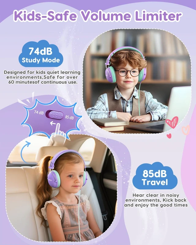 Alt view image 2 of 7 - Kids Headphones Wired for School, 74-85dB Limiter, Purple-Green OHW342 Foldable on-ear Stereo Sound, Tangle Free, 3.5mm Jack,for Kids Boys Girls Classroom Travel Chromebook iPad Tablets