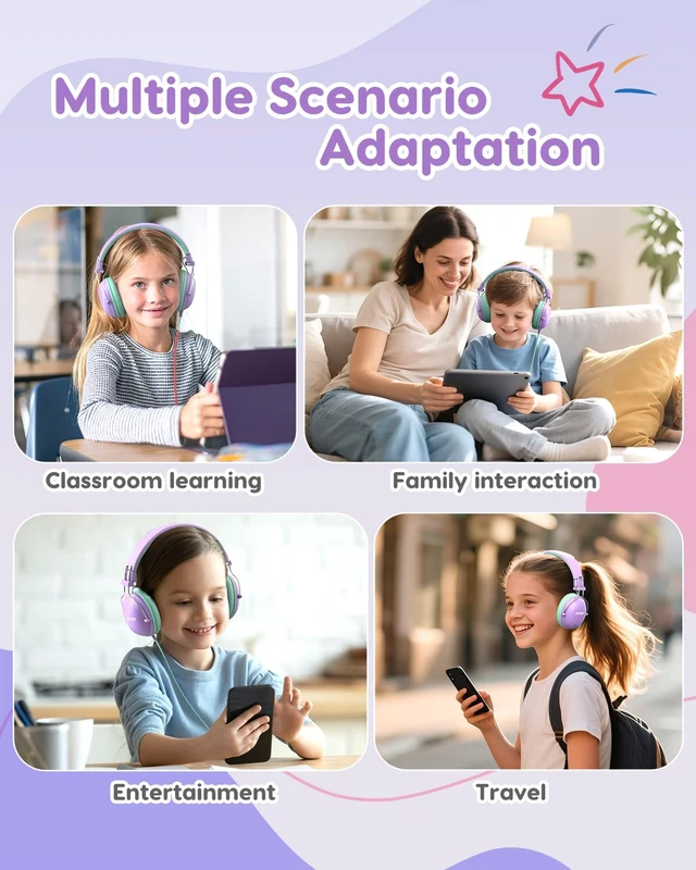 Alt view image 3 of 7 - Kids Headphones Wired for School, 74-85dB Limiter, Purple-Green OHW342 Foldable on-ear Stereo Sound, Tangle Free, 3.5mm Jack,for Kids Boys Girls Classroom Travel Chromebook iPad Tablets