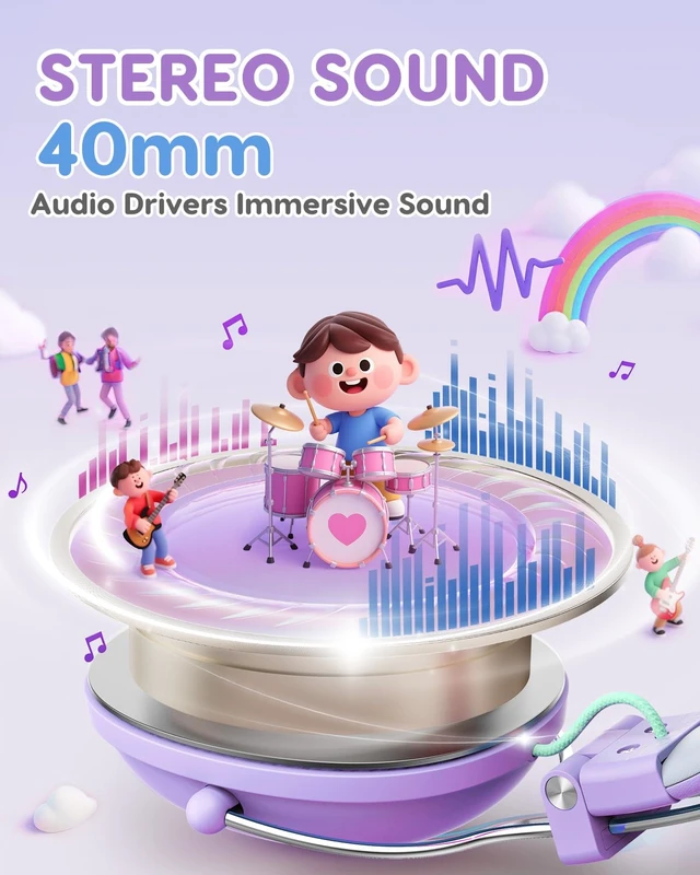 Alt view image 4 of 7 - Kids Headphones Wired for School, 74-85dB Limiter, Purple-Green OHW342 Foldable on-ear Stereo Sound, Tangle Free, 3.5mm Jack,for Kids Boys Girls Classroom Travel Chromebook iPad Tablets