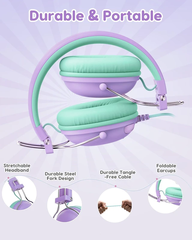 Alt view image 6 of 7 - Kids Headphones Wired for School, 74-85dB Limiter, Purple-Green OHW342 Foldable on-ear Stereo Sound, Tangle Free, 3.5mm Jack,for Kids Boys Girls Classroom Travel Chromebook iPad Tablets