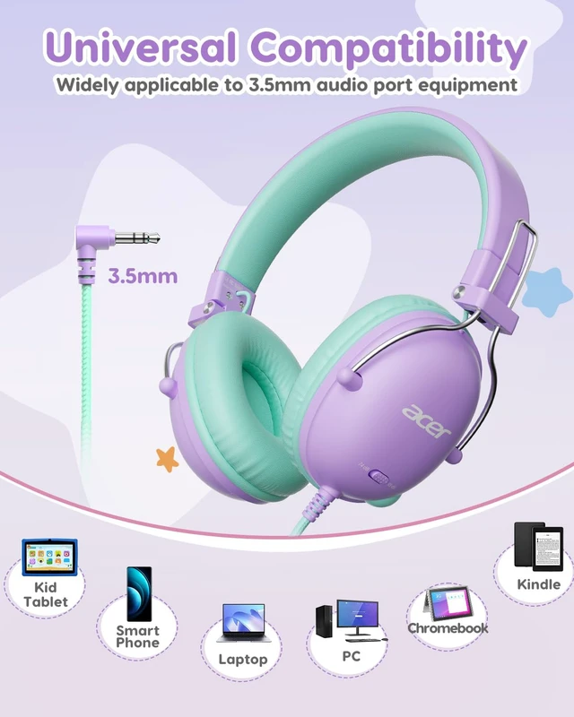 Alt view image 7 of 7 - Kids Headphones Wired for School, 74-85dB Limiter, Purple-Green OHW342 Foldable on-ear Stereo Sound, Tangle Free, 3.5mm Jack,for Kids Boys Girls Classroom Travel Chromebook iPad Tablets
