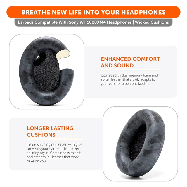 Alt view image 4 of 7 - PadZ WH1000XM4 - Extra Thick Earpads for Sony WH1000XM4 Made by Wicked Cushions Soft PU Leather, Luxurious Memory Foam, Added Thickness Without Disabling Sensor Black Camo