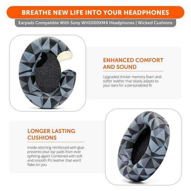 Alt view image 4 of 7 - PadZ WH1000XM4 - Extra Thick Earpads for Sony WH1000XM4 Made by Wicked Cushions Soft PU Leather, Luxurious Memory Foam, Added Thickness Without Disabling Sensor Geo Grey
