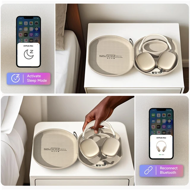 Alt view image 6 of 7 - Charging Case for AirPods Max 1 & 2 - Travel Headphone Charger with Magnetic Connectors, Auto Sleep Mode, 5000mAh Battery (Taupe)