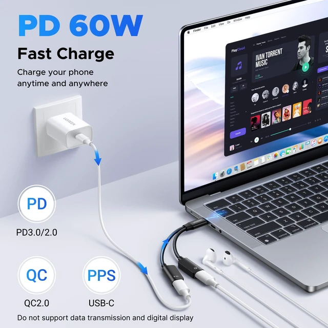 Alt view image 3 of 7 - Magnetic USB C Splitter 1 in 2 Out Dual USB C Headphone and Charger PD 60W Fast Charging, Type C Audio Adapter, Dongle Cable for iPhone 18 Pro Max, Galaxy S26, Pixel 10, iPad Pro, Switch 2