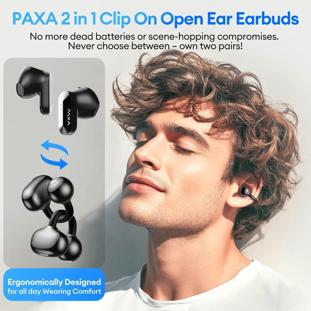 Alt view image 2 of 7 - 2 in 1 Clip on Open Ear Headphones Wireless Earbuds, 0 Delay Bluetooth 6.0, Ultra-long 140H Play, Auto L-R Recognition Touch Control, Hybrid Noise Reduction for Work Fitness Daily Use, Ctbuds Black