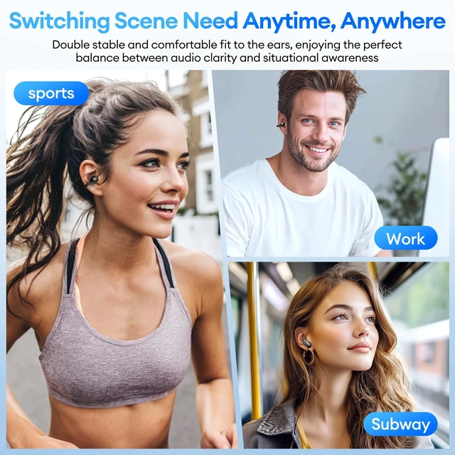 Alt view image 6 of 7 - 2 in 1 Clip on Open Ear Headphones Wireless Earbuds, 0 Delay Bluetooth 6.0, Ultra-long 140H Play, Auto L-R Recognition Touch Control, Hybrid Noise Reduction for Work Fitness Daily Use, Ctbuds Black