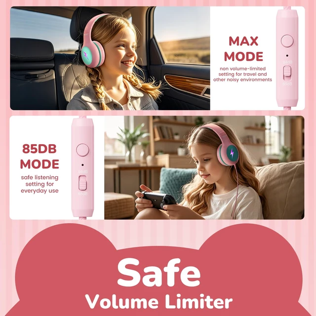 Alt view image 2 of 7 - Kids USB C Headphones for School, Safe Listening Wired Over-Ear Headphones with LED Lights, Volume Limiter & Microphone, Foldable Design for iPhone 16/ 17, iPad, Tablet