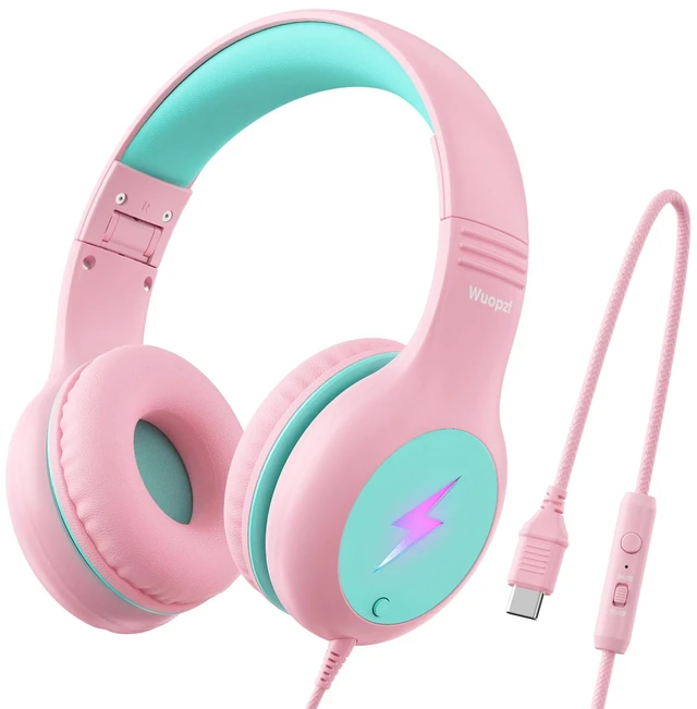 Main image of Kids USB C Headphones for School, Safe Listening Wired Over-Ear Headphones with LED Lights, Volume Limiter & Microphone, Foldable Design for iPhone 16/ 17, iPad, Tablet