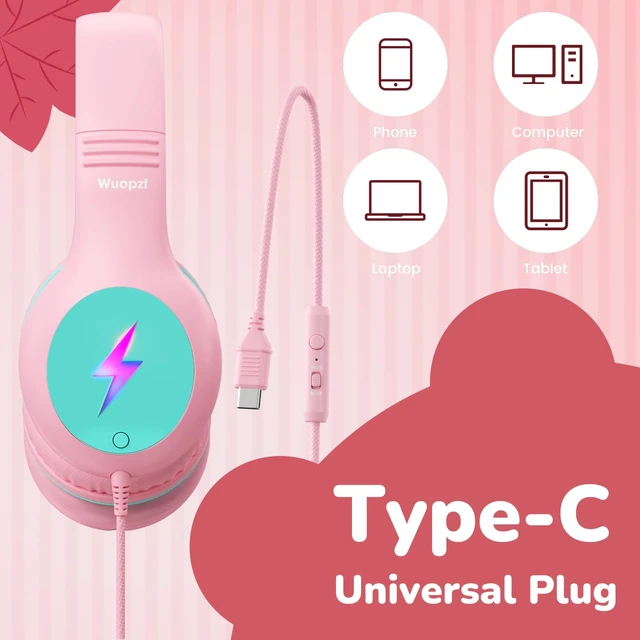 Alt view image 4 of 7 - Kids USB C Headphones for School, Safe Listening Wired Over-Ear Headphones with LED Lights, Volume Limiter & Microphone, Foldable Design for iPhone 16/ 17, iPad, Tablet
