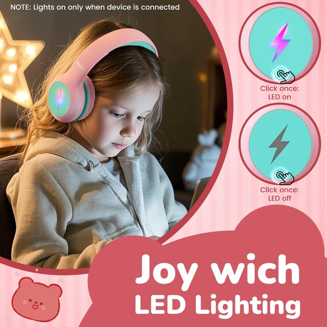 Alt view image 3 of 7 - Kids USB C Headphones for School, Safe Listening Wired Over-Ear Headphones with LED Lights, Volume Limiter & Microphone, Foldable Design for iPhone 16/ 17, iPad, Tablet