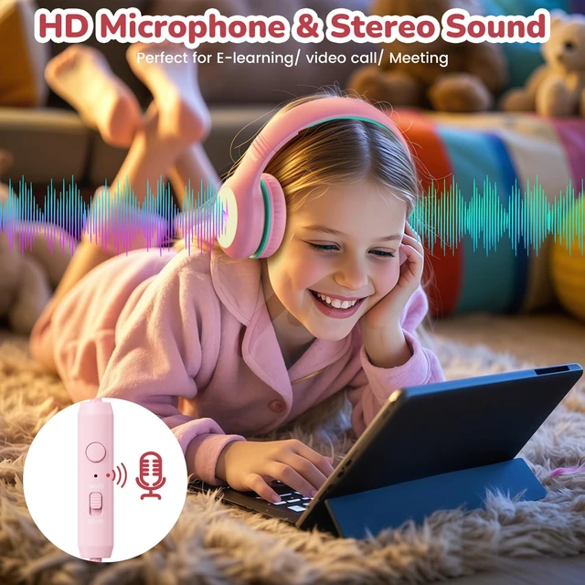 Alt view image 6 of 7 - Kids USB C Headphones for School, Safe Listening Wired Over-Ear Headphones with LED Lights, Volume Limiter & Microphone, Foldable Design for iPhone 16/ 17, iPad, Tablet