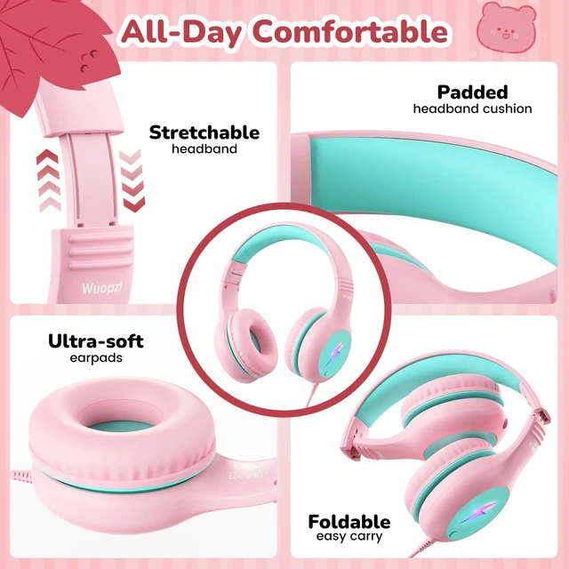 Alt view image 5 of 7 - Kids USB C Headphones for School, Safe Listening Wired Over-Ear Headphones with LED Lights, Volume Limiter & Microphone, Foldable Design for iPhone 16/ 17, iPad, Tablet