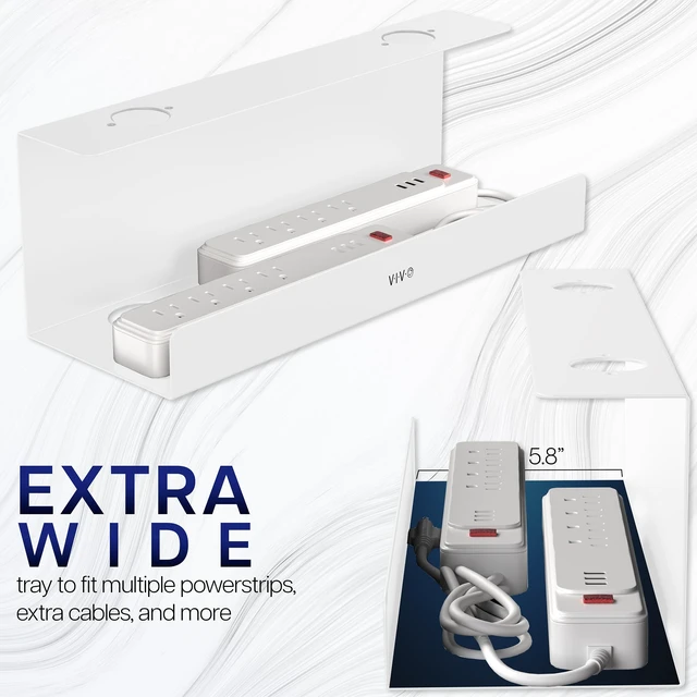 Alt view image 5 of 7 - 2 Pack White 17 inch Extra Deep Cable Management Tray, DESK-AC16-2CW Set of 2, Under Desk, Low Profile Power Strip Holder, Cord Organizer, Wire Tamer Steel Rack, Home Office, Holds 11 lbs each