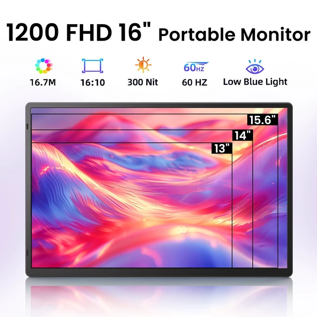 Alt view image 2 of 7 - Laptop Screen Extender Portable Monitor - Dual 16" 1200P FHD Travel Monitor Fit for 13-17" Laptops Plug & Play 360° Rotating Detachable Stand Height Adjustable for Travel/Work/Study