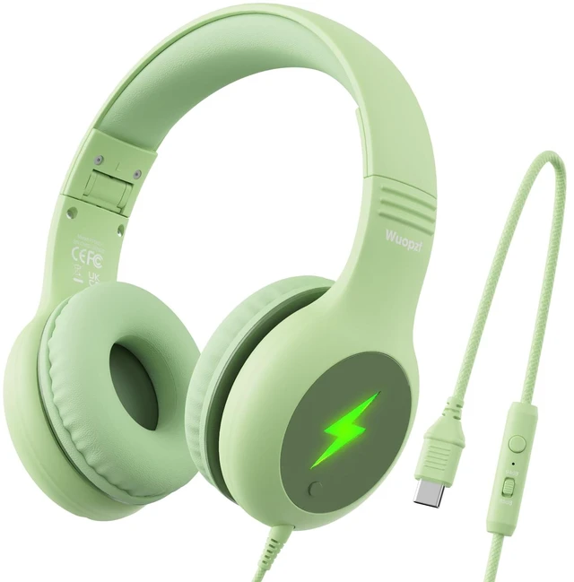 Main image of Kids USB C Headphones for School, Safe Listening Wired Over-Ear Headphones with LED Lights, Volume Limiter & Microphone, Foldable Design for iPhone 16/ 17, iPad, Tablet