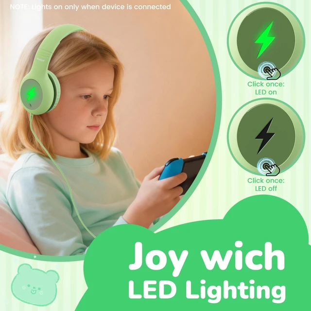 Alt view image 3 of 7 - Kids USB C Headphones for School, Safe Listening Wired Over-Ear Headphones with LED Lights, Volume Limiter & Microphone, Foldable Design for iPhone 16/ 17, iPad, Tablet