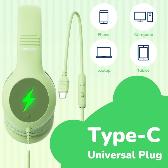 Alt view image 4 of 7 - Kids USB C Headphones for School, Safe Listening Wired Over-Ear Headphones with LED Lights, Volume Limiter & Microphone, Foldable Design for iPhone 16/ 17, iPad, Tablet
