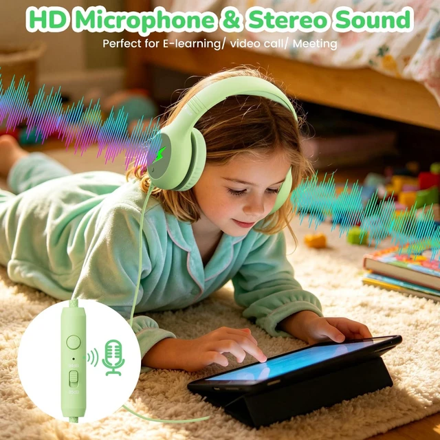 Alt view image 6 of 7 - Kids USB C Headphones for School, Safe Listening Wired Over-Ear Headphones with LED Lights, Volume Limiter & Microphone, Foldable Design for iPhone 16/ 17, iPad, Tablet