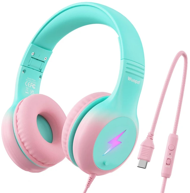 Main image of Kids USB C Headphones for School, Safe Listening Wired Over-Ear Headphones with LED Lights, Volume Limiter & Microphone, Foldable Design for iPhone 16/ 17, iPad, Tablet