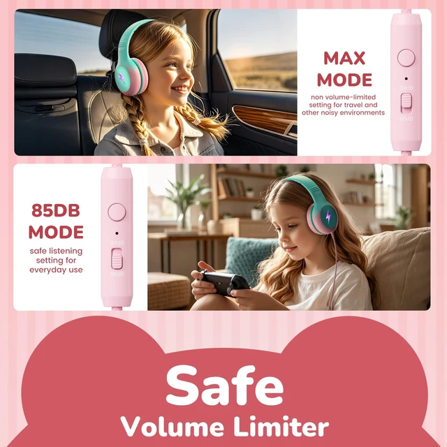 Alt view image 2 of 7 - Kids USB C Headphones for School, Safe Listening Wired Over-Ear Headphones with LED Lights, Volume Limiter & Microphone, Foldable Design for iPhone 16/ 17, iPad, Tablet