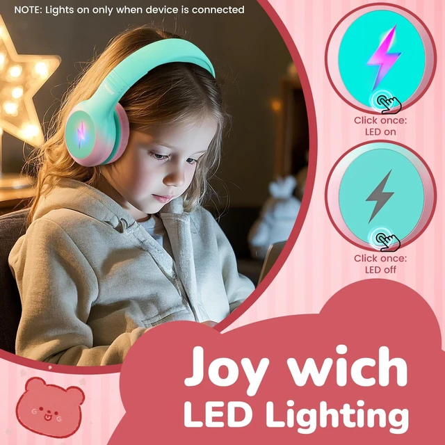 Alt view image 3 of 7 - Kids USB C Headphones for School, Safe Listening Wired Over-Ear Headphones with LED Lights, Volume Limiter & Microphone, Foldable Design for iPhone 16/ 17, iPad, Tablet