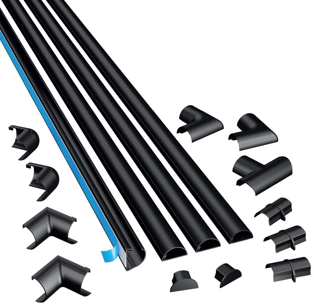 Main image of 13.12ft Cord Hider Kit, Patented Cable Cover, Hide Wires on Wall, Channel for TV Mount Cords, Raceway Wire Hiders, Paintable, Adhesive, Half Round, 4X 0.78in W x 0.39in H x 39in Lengths, Black