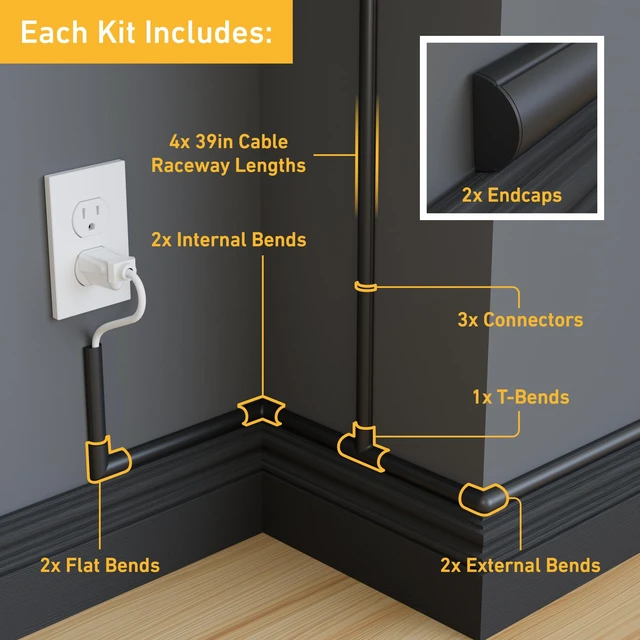Alt view image 2 of 7 - 13.12ft Cord Hider Kit, Patented Cable Cover, Hide Wires on Wall, Channel for TV Mount Cords, Raceway Wire Hiders, Paintable, Adhesive, Half Round, 4X 0.78in W x 0.39in H x 39in Lengths, Black