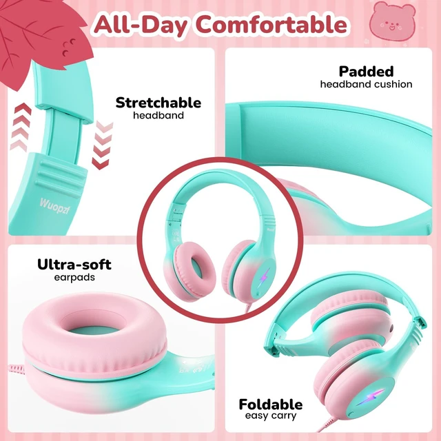 Alt view image 5 of 7 - Kids USB C Headphones for School, Safe Listening Wired Over-Ear Headphones with LED Lights, Volume Limiter & Microphone, Foldable Design for iPhone 16/ 17, iPad, Tablet