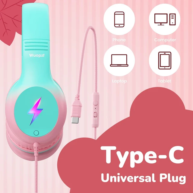 Alt view image 4 of 7 - Kids USB C Headphones for School, Safe Listening Wired Over-Ear Headphones with LED Lights, Volume Limiter & Microphone, Foldable Design for iPhone 16/ 17, iPad, Tablet