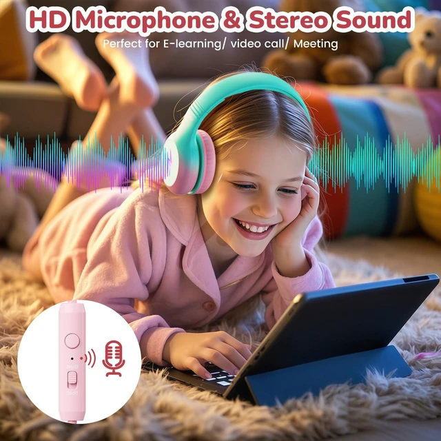 Alt view image 6 of 7 - Kids USB C Headphones for School, Safe Listening Wired Over-Ear Headphones with LED Lights, Volume Limiter & Microphone, Foldable Design for iPhone 16/ 17, iPad, Tablet