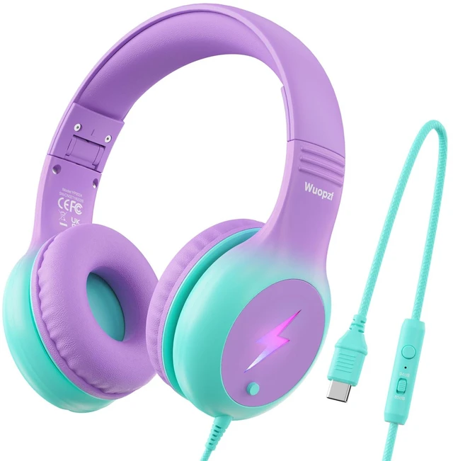 Main image of Kids USB C Headphones for School, Safe Listening Wired Over-Ear Headphones with LED Lights, Volume Limiter & Microphone, Foldable Design for iPhone 16/ 17, iPad, Tablet