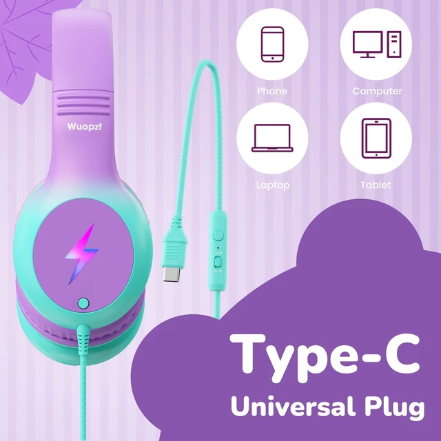 Alt view image 4 of 7 - Kids USB C Headphones for School, Safe Listening Wired Over-Ear Headphones with LED Lights, Volume Limiter & Microphone, Foldable Design for iPhone 16/ 17, iPad, Tablet